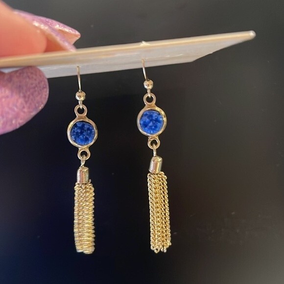 Gold and blue nickel free drop down chain earrings  2.5 inches - Picture 8 of 8